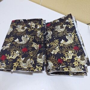 Black Gold Koi Fish Adhesive Fabric Lot 2 Fusible Iron-On Craft Pieces 29x14.5